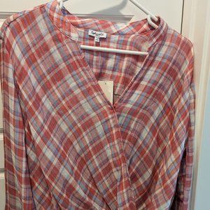 Splendid Carmine Plaid Gauze Cotton Long Sleeve Cross-Over Shirt Small